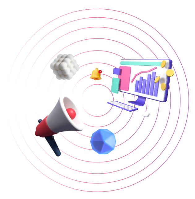 Decorative 3D elements including a megaphone, charts, and various shapes